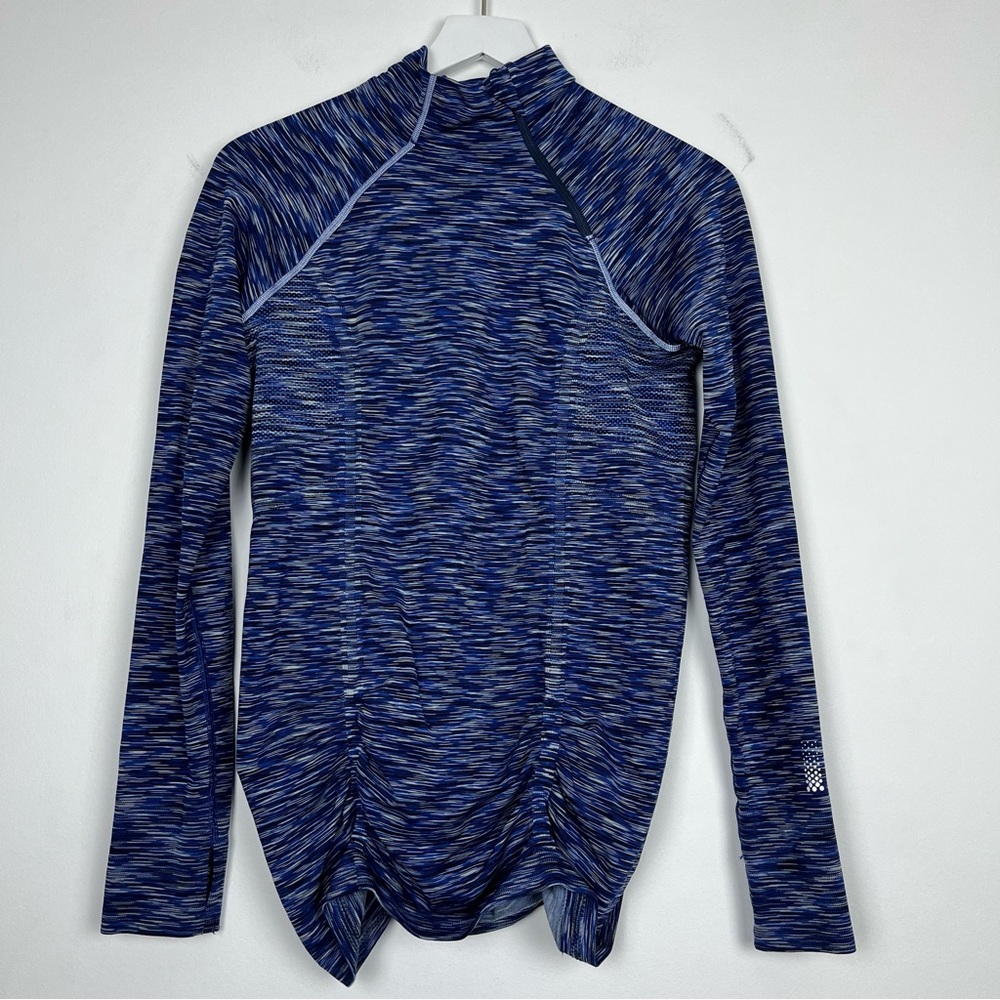 Athleta Women Fastest Track Asym Space Dye Blue Half Zip Long Sleeve Top